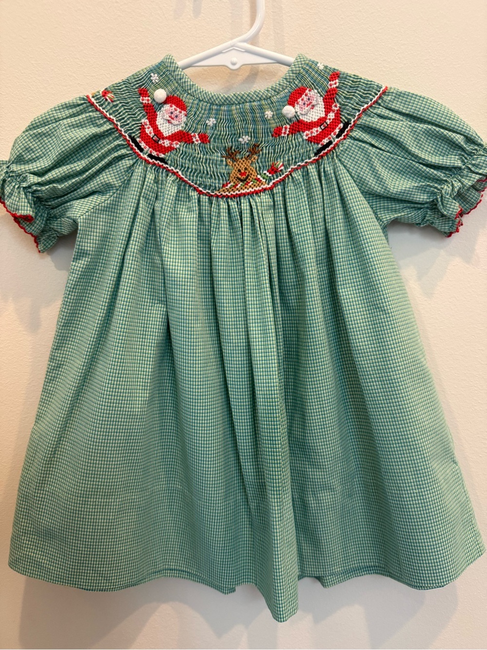 Velani Classics 9M Smocked Santa Reindeer Christmas Dress Green Gingham